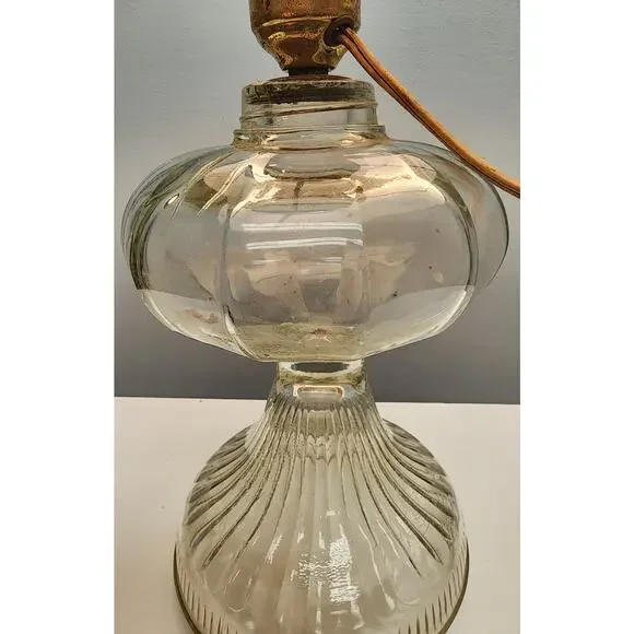 Vintage Electric Oil Lamp w/ Green Ribbed Glass Shade & Brass Burner –20.5" Tall - Picture 5 of 15